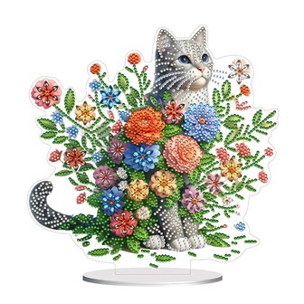 Diamond Painting Staand ornament Kat met bloemen