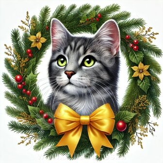 Diamond Painting Kerst Krans - Tabby kat grijs