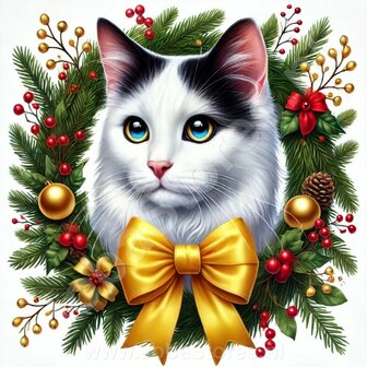 Diamond Painting Kerst Krans - Witte kat