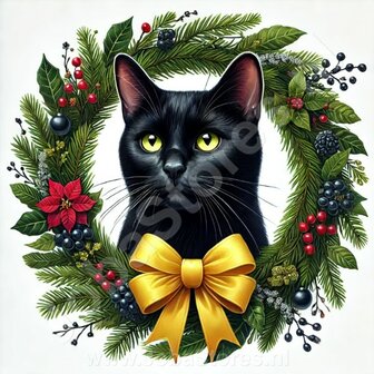 Diamond Painting Kerst Krans - Zwarte kat