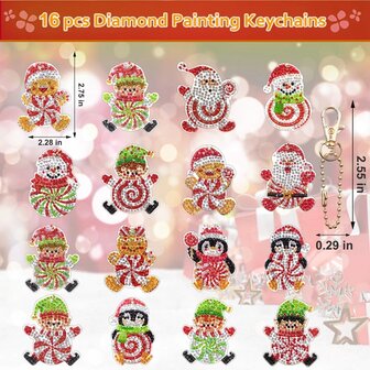 Diamond Painting Sleutelhanger set Kerst Figuurtjes (16 stuks)