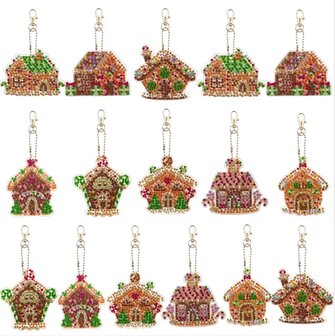 Diamond Painting Sleutelhanger set Kerst Huisjes (16 stuks)