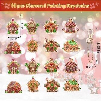 Diamond Painting Sleutelhanger set Kerst Huisjes (16 stuks)