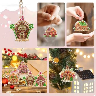 Diamond Painting Sleutelhanger set Kerst Huisjes (16 stuks)