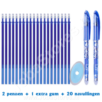 Uitwisbare pennen set Bloem Blauw (2 stuks + extra gum + 20 navullingen)