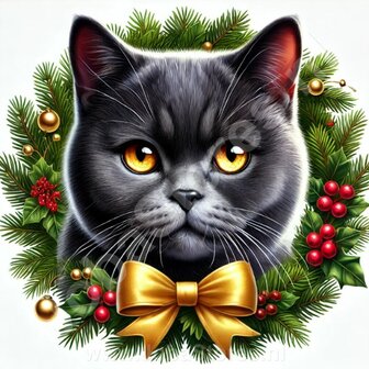 Diamond Painting Kerst Krans kat - Brits korthaar