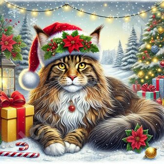 Diamond Painting Kerst Kat - Maine Coon