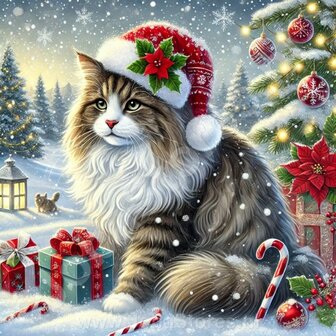 Diamond Painting Kerst Kat - Noorse Boskat