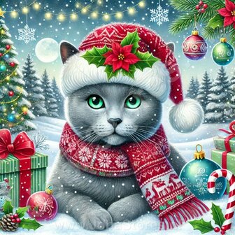 Diamond Painting Kerst kat - Blauwe Rus