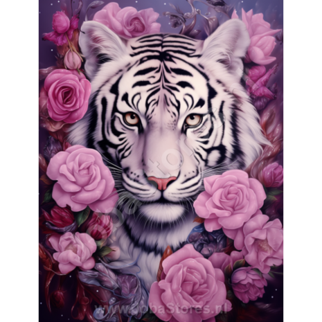 Diamond Painting Tijger met paarse bloemen