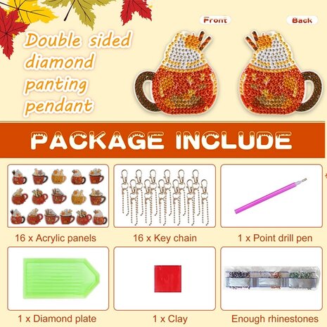 Diamond Painting Sleutelhanger set Koffie (16 stuks)