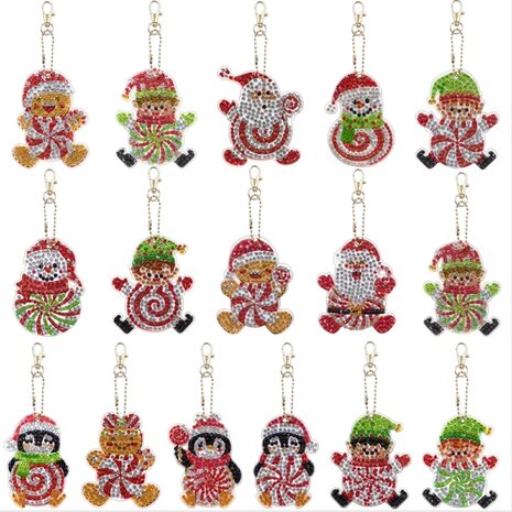 Diamond Painting Sleutelhanger set Kerst Figuurtjes (16 stuks)