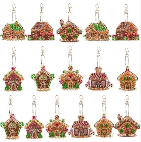 Diamond Painting Sleutelhanger set Kerst Huisjes (16 stuks)