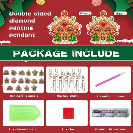 Diamond Painting Sleutelhanger set Kerst Huisjes (16 stuks)